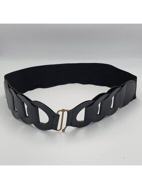 Vtg Y2k Black Elastic Belt With Faux Leather Chain Design & Antique Hardware